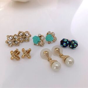 Gold Post Studs Earrings Lot Faux Pearl Rhinestone